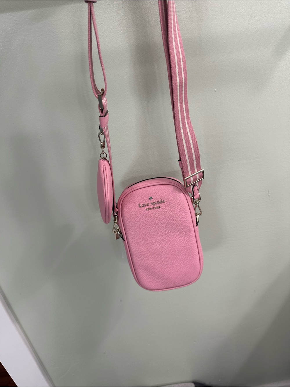 kate spade Pink Pebbled Leather Mini Crossbody with Stripe Strap